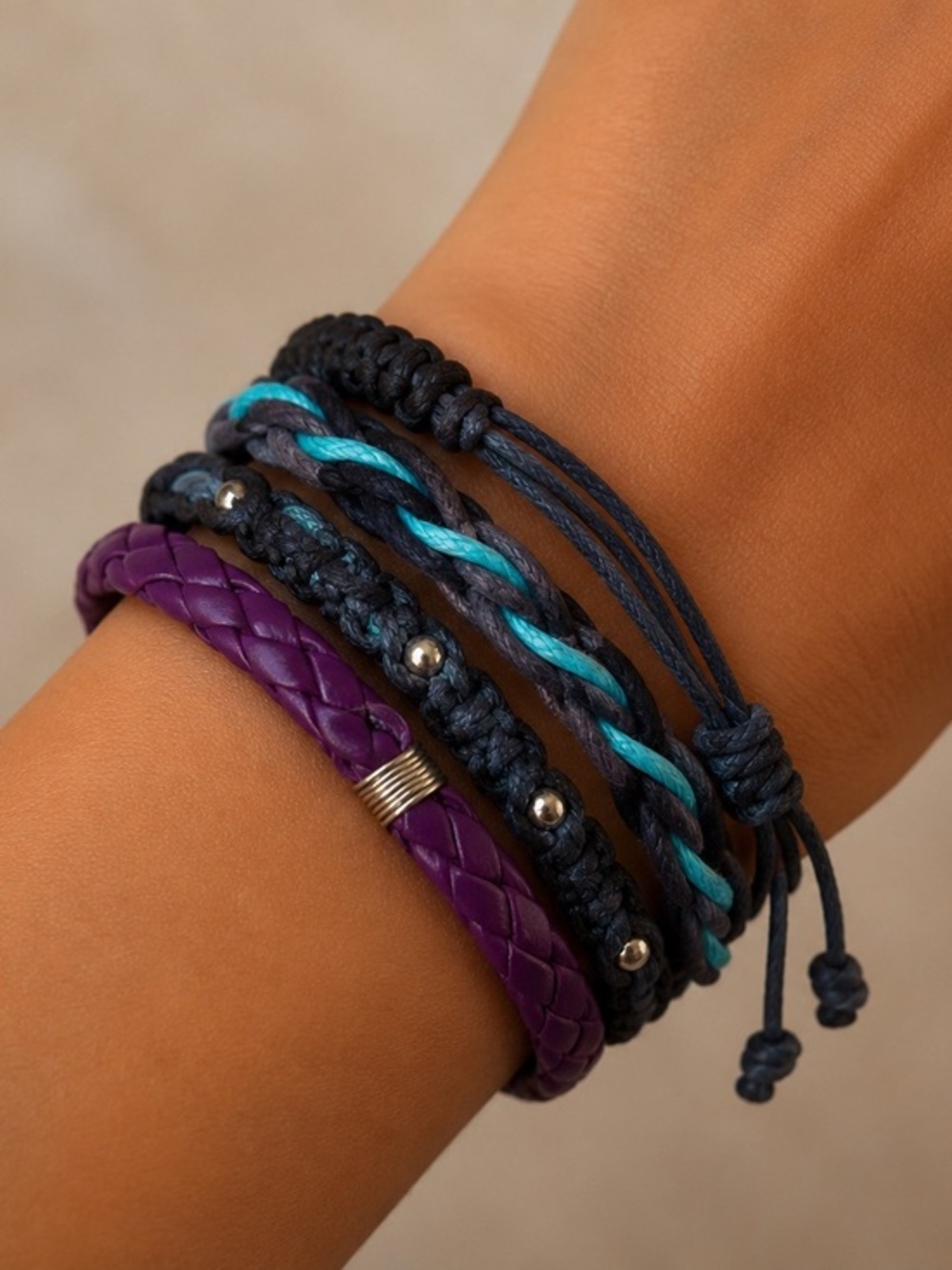 Leather Braided Multi-Strand Bracelet in Purple, Teal, and Black